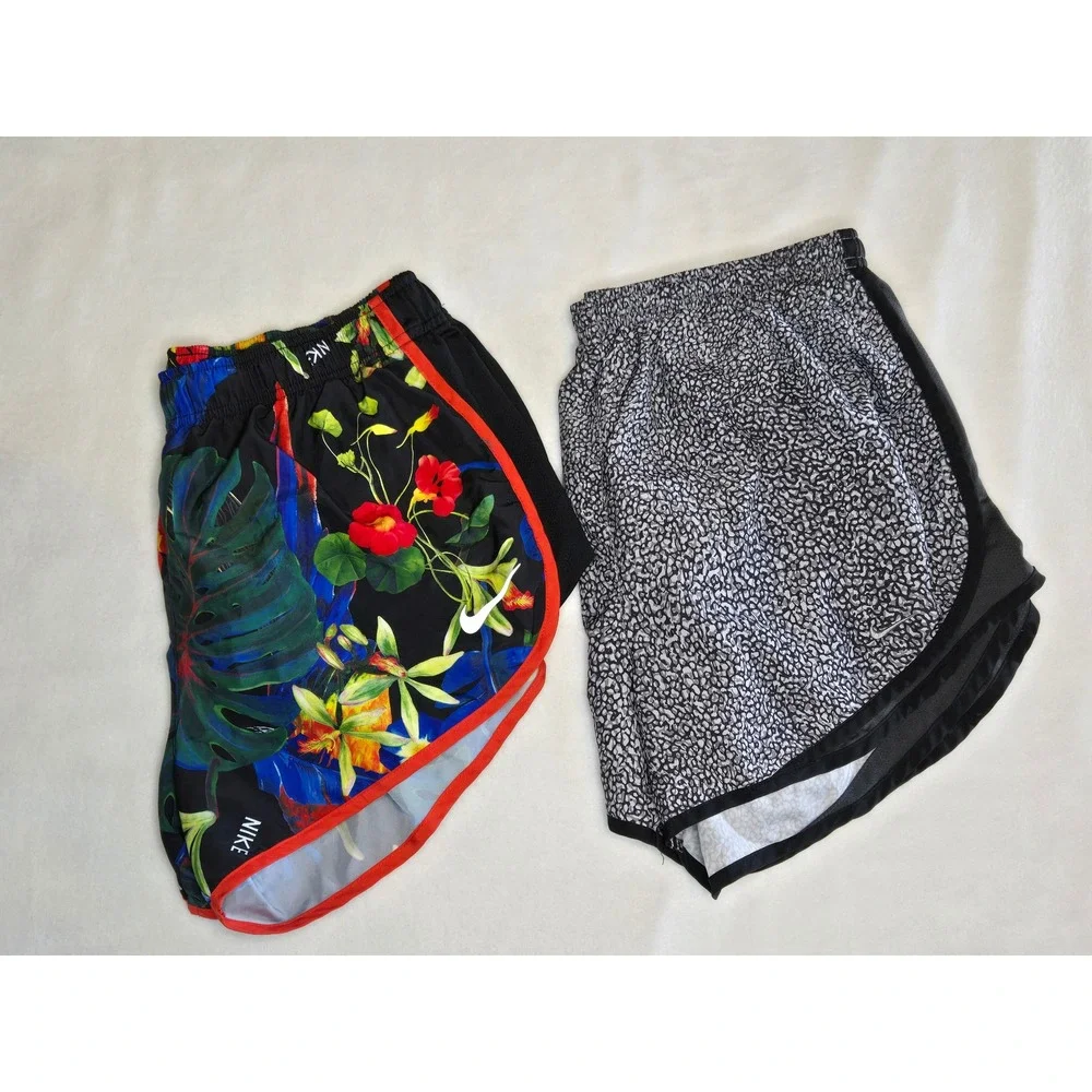 Nike Dri-FIT Running Shorts Bundle Womens Large Tropical Floral Leopard 2 Pairs